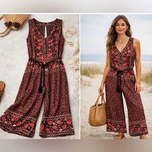 Free People Red Floral Sleeveless Wide-Leg Jumpsuit - Medium